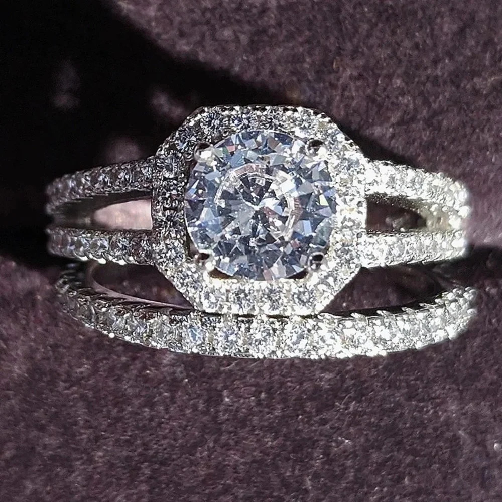 New 2 pc/Set 925 Silver Diamond Promise Ring - Picture 1 of 5
